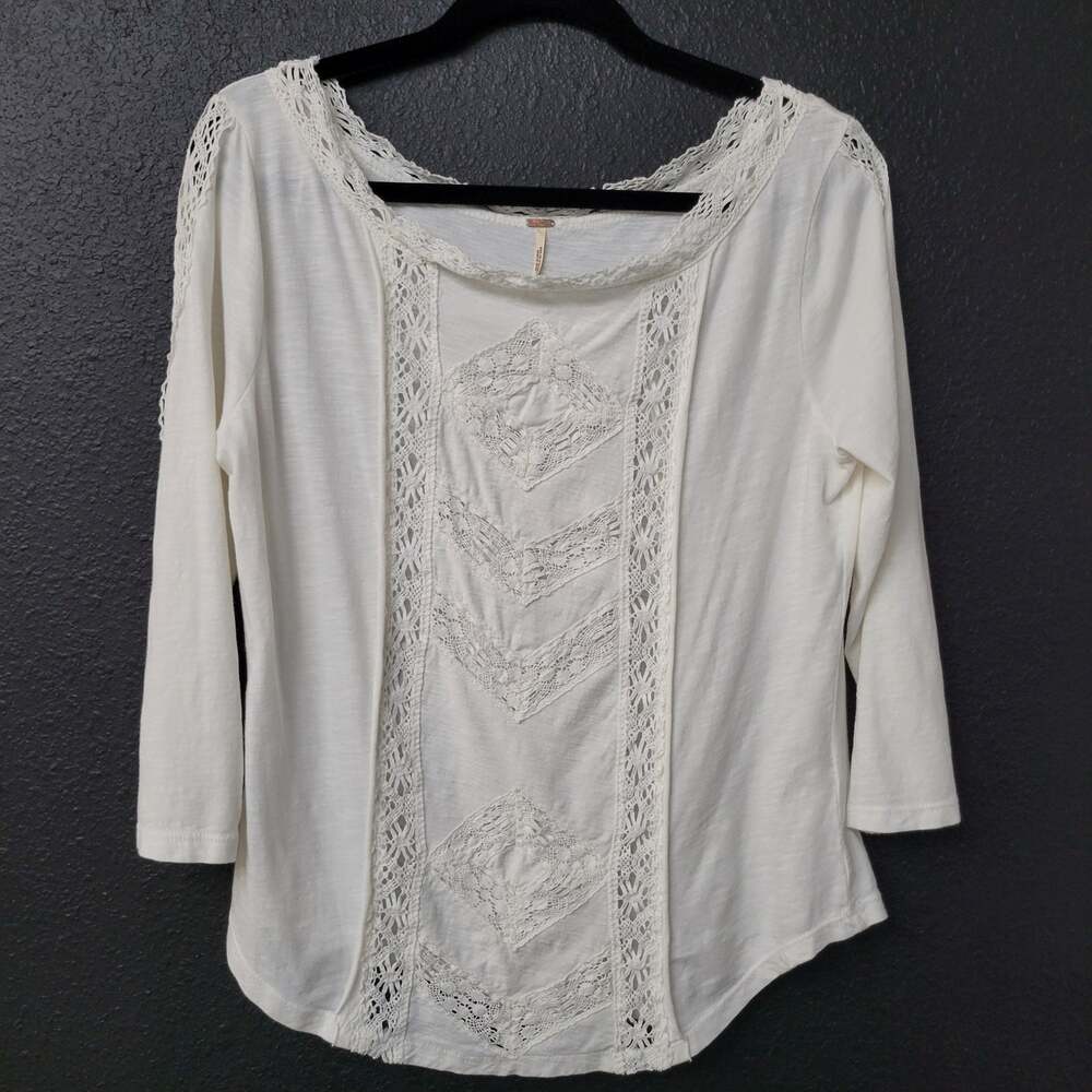 Free People Ivory Crochet Lace 3/4 Sleeve Top Women's Large Boho Cottagecore
